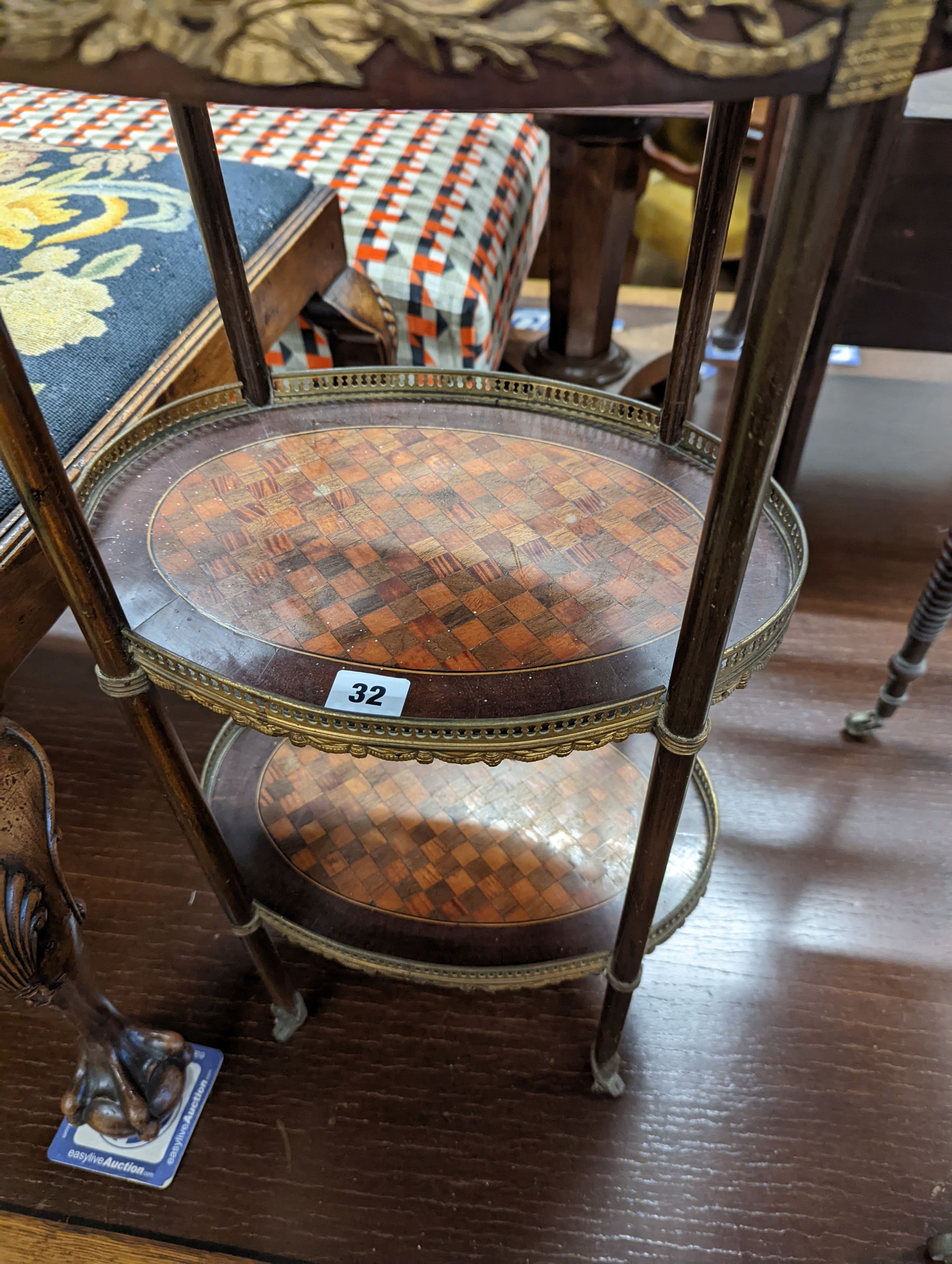 A 19th century French parquetry inlaid gilt metal mounted three tier etagere, width 40cm, depth 30cm, height 72cm